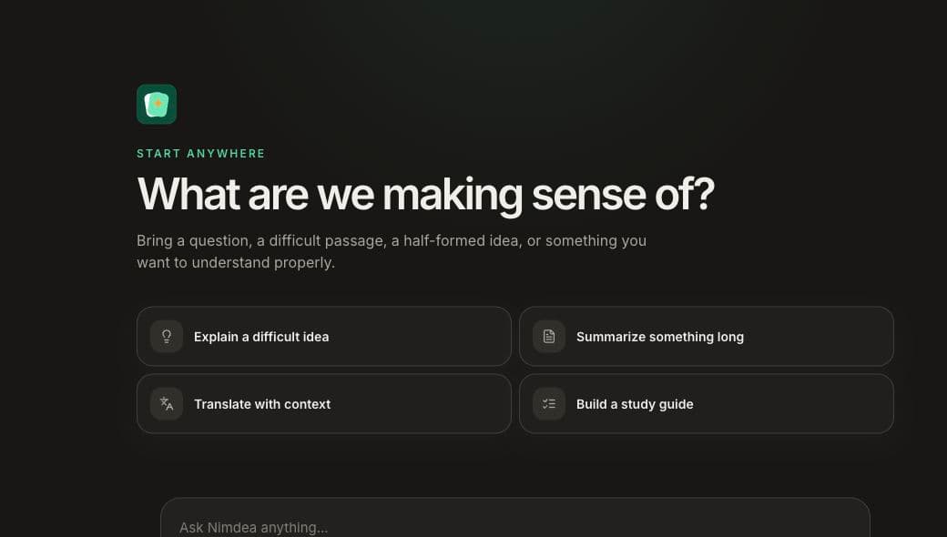 The real Nimdea dashboard showing its question workspace, quick actions, and chat input